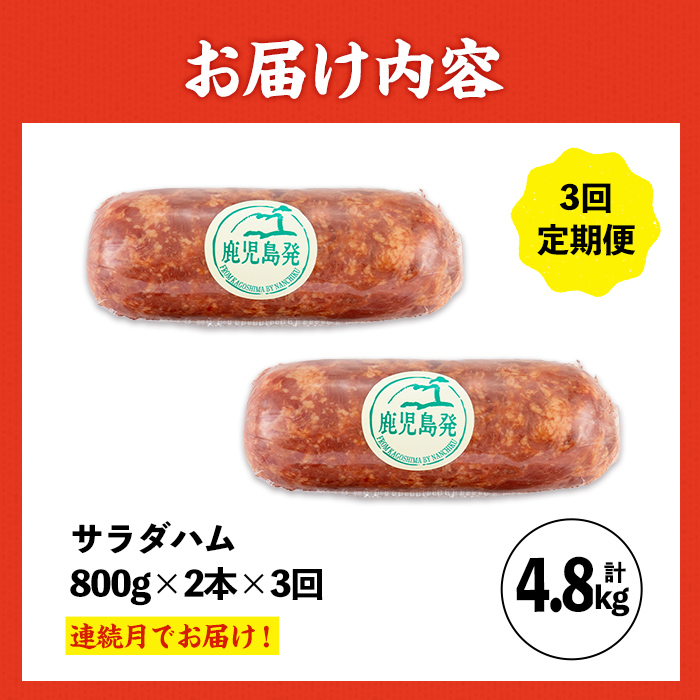 i1204-A ＜定期便・計3回(連続月)＞《業務用・訳あり》サラダハム  (約800g×2本×3回・計4.8kg ) ハム 国産 豚肉 塩漬 熟成 プレスハム 肉加工品 訳アリ 業務用 サラダ トッピング 定期便 【ナンチク】
