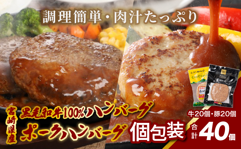 宮崎県産黒毛和牛100%ハンバーグ個包装(20個/冷凍)・ 宮崎県産ポークハンバーグ個包装(20個/冷凍)　 K16_0158