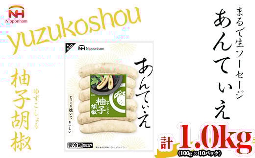 【ふるさと納税】無塩せき ウインナー あんてぃえ 柚子胡椒 100g x 10p 計1.0kg ［食品 無塩せきウインナー ソーセージ ゆず こしょう 国内製造 北海道 旭川 無塩せきソーセージ 発色剤不使用 日本ハム 小分け 定期便 パーティー お弁当 おつまみ 冷蔵 送料無料］_05367