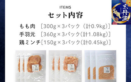 鍋パーティーセット【京都府産 京丹波あじわいどり】もも肉＆手羽元＆鶏ミンチ小分けセット 各3袋(計9袋) 2.43kg FCBK026