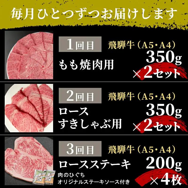 全3回 飛騨牛 定期便 計2.2kg 4人前 すき焼き しゃぶしゃぶ ステーキ 焼肉 BBQ ロース カタロース ロースステーキ モモ カタ 贅沢 贈り物 3ヶ月 定期 おすすめ 人気 飛騨 ブランド