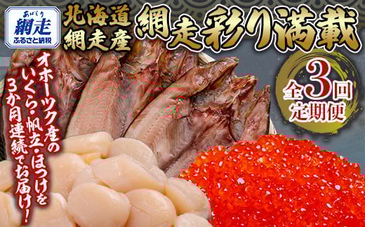 全3回 定期便 網走彩り満載（3か月連続） 【 ふるさと納税 人気 おすすめ ランキング いくら醤油漬 鮭いくら ホタテ 帆立 ほたて ほたて貝柱 貝柱 ホタテ刺身 刺身 帆立刺身 冷凍ホタテ ほっけ ホッケ 干物 一夜干し 開き 魚 北海道産 オホーツク 北海道 網走市 送料無料 】ABB147