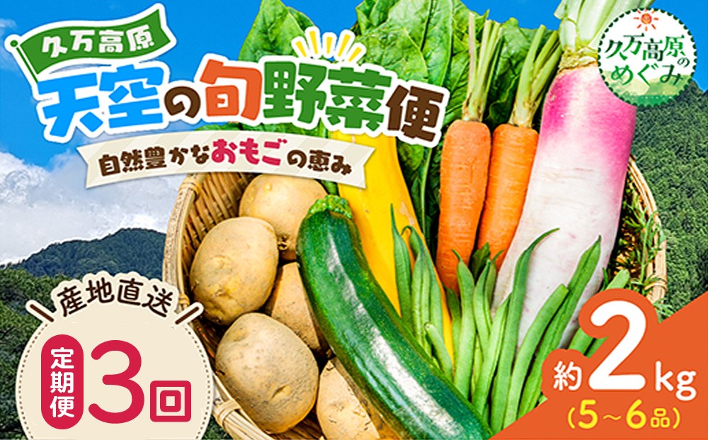 
                  【定期便3回】久万高原 天空の旬野菜便2kg【面河特産品開発センター厳選】｜野菜詰め合わせ 5〜6品目 新鮮野菜 定期便 愛媛県産 産地直送
                