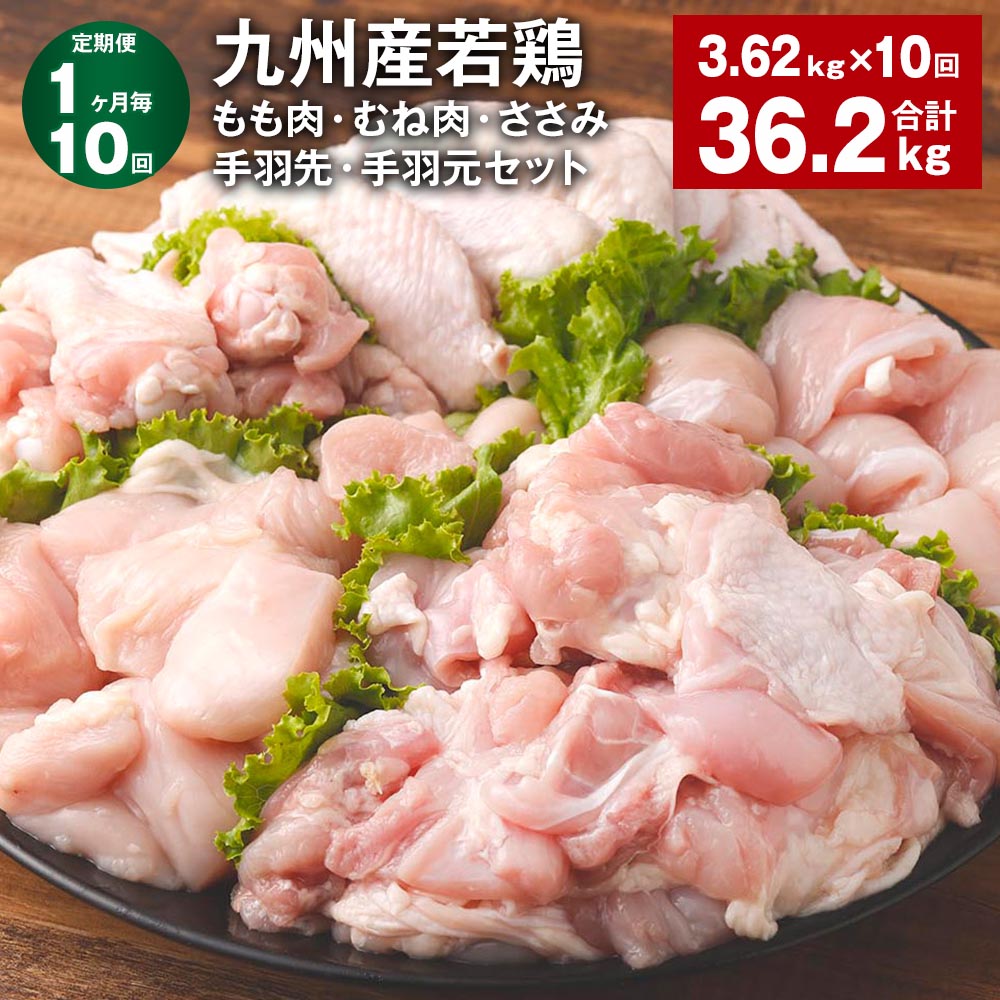【ふるさと納税】【定期便】【1ヶ月毎10回】九州産若鶏もも肉・むね肉・ささみ・手羽先・手羽元セット 計36.2kg（3.62kg×10回） 鶏肉 お肉 モモ肉 ムネ肉 5種類 詰め合わせ 小分け 冷凍 九州産 国産 熊本県 菊池市 送料無料《お申し込みの翌月から出荷》