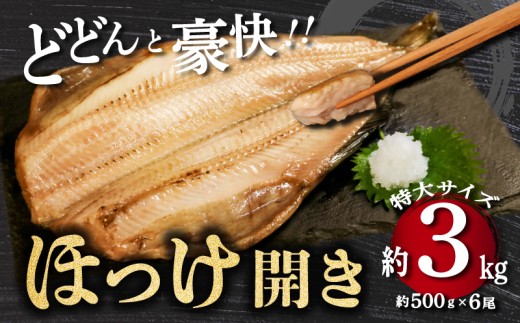 豪快 ホッケ 開き 約3kg （約500g × 6尾） ホッケ 縞ホッケ しまほっけ 魚 魚介 魚介類 干物 開き 大容量 特大 肉 厚 おつまみ おかず 焼き魚 煮魚 朝食 昼食 夕食 レシピ 冷凍 送料無料 千葉県 銚子市 ふるさと納税 ふるさと納税ほっけ 明石水産