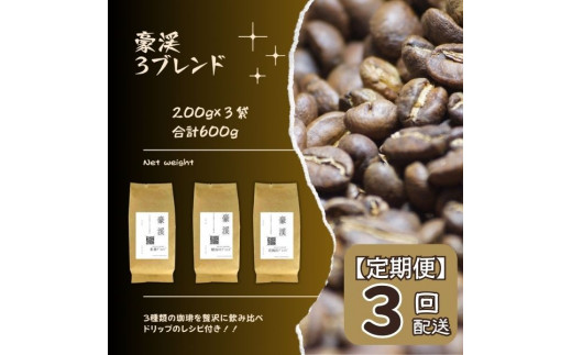 【定期便】総社珈琲3種飲み比べ（名勝豪渓編）粉600g（200g×3袋）【ドリップレシピ付き】〔3回配送〕015-036