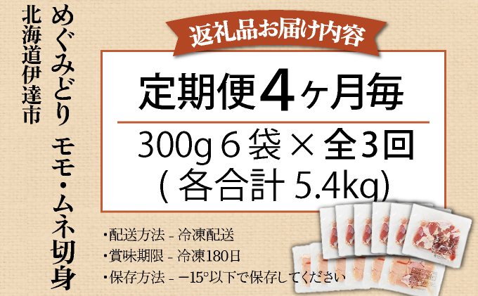 定期便 4カ月毎 全3回 北海道産 めぐみどり もも むね 各1.8kg 切身 モモ 鶏もも 鶏モモ ムネ 鶏むね 鶏ムネ 鶏肉 チキン 銘柄鶏 肉 冷凍 小分け 便利 時短 唐揚 焼鳥 鍋 ソテー 