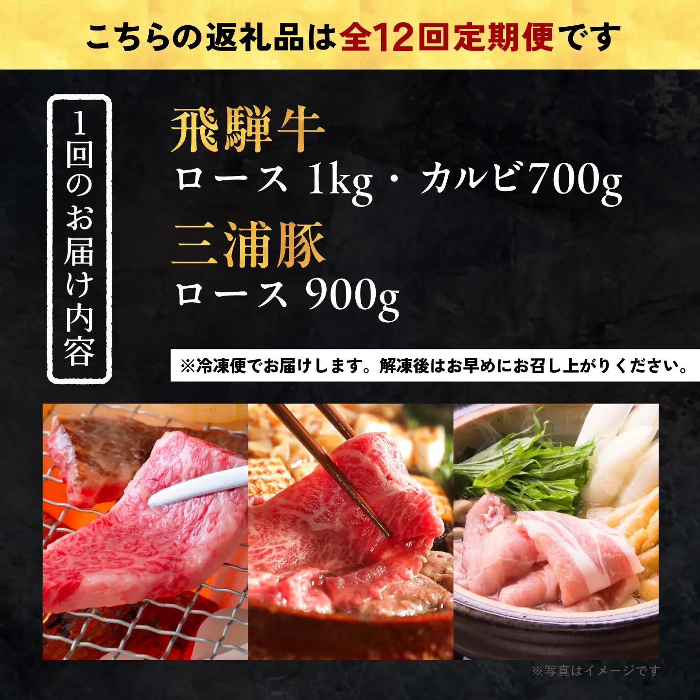 【12回定期便】 飛騨牛ロース1kg カルビ700g 三浦豚ロース900g 豪華3点セット 各種類1パック しゃぶしゃぶ・焼肉 / 恵那市 / 岩島屋 [AUAJ032]