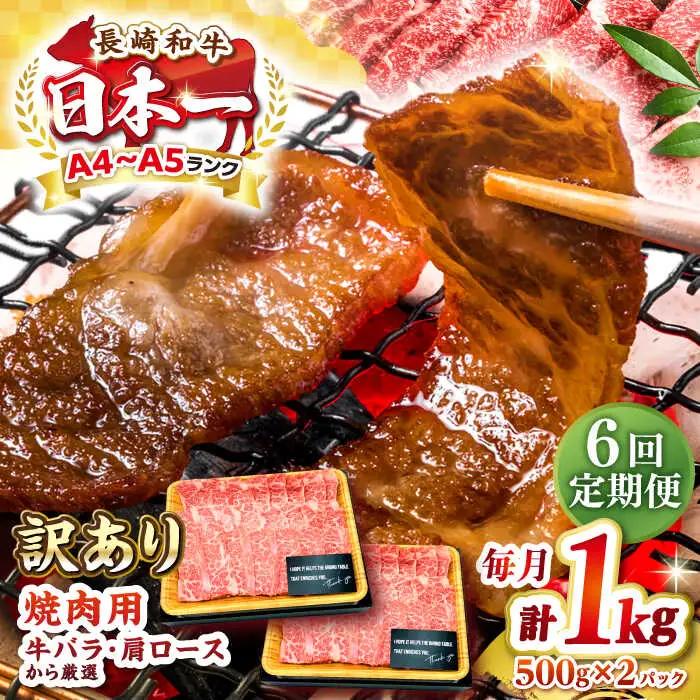 【全6回定期便】【訳あり】【A4?A5ランク】長崎和牛 焼肉切り落とし 1kg（500g×2パック）(肩ロース・バラ）《壱岐市》【株式会社MEAT PLUS】 肉 牛肉 黒毛和牛 焼き肉 焼肉 焼肉用 ギフト 贈答用 冷凍配送 A4 A5 [JGH121]