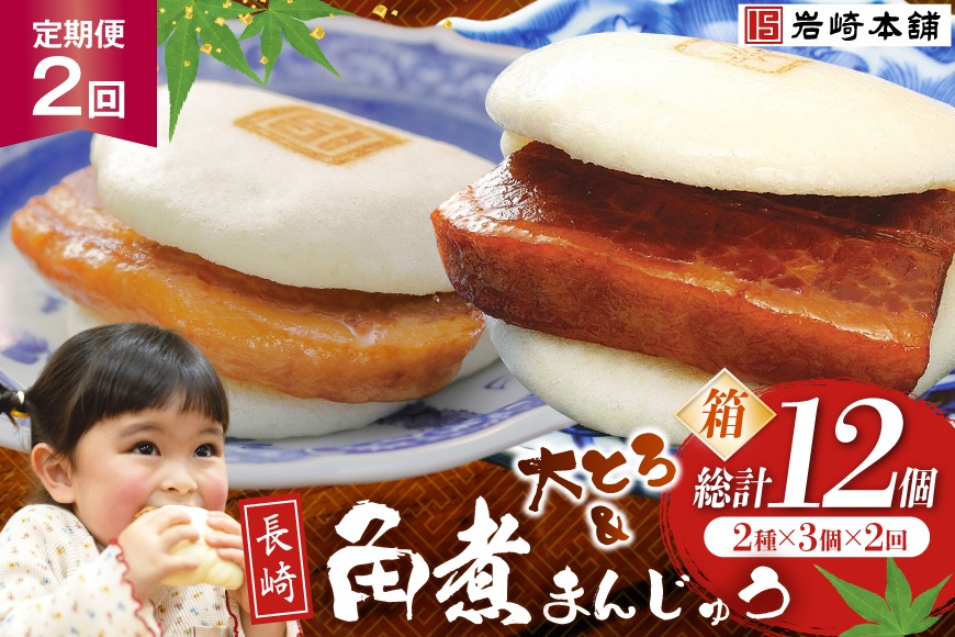BJ063 岩崎本舗 【2回定期便】長崎自慢セット(長崎角煮まんじゅう 3個・大とろ角煮まんじゅう 3個) (箱) [長崎県 島原市]