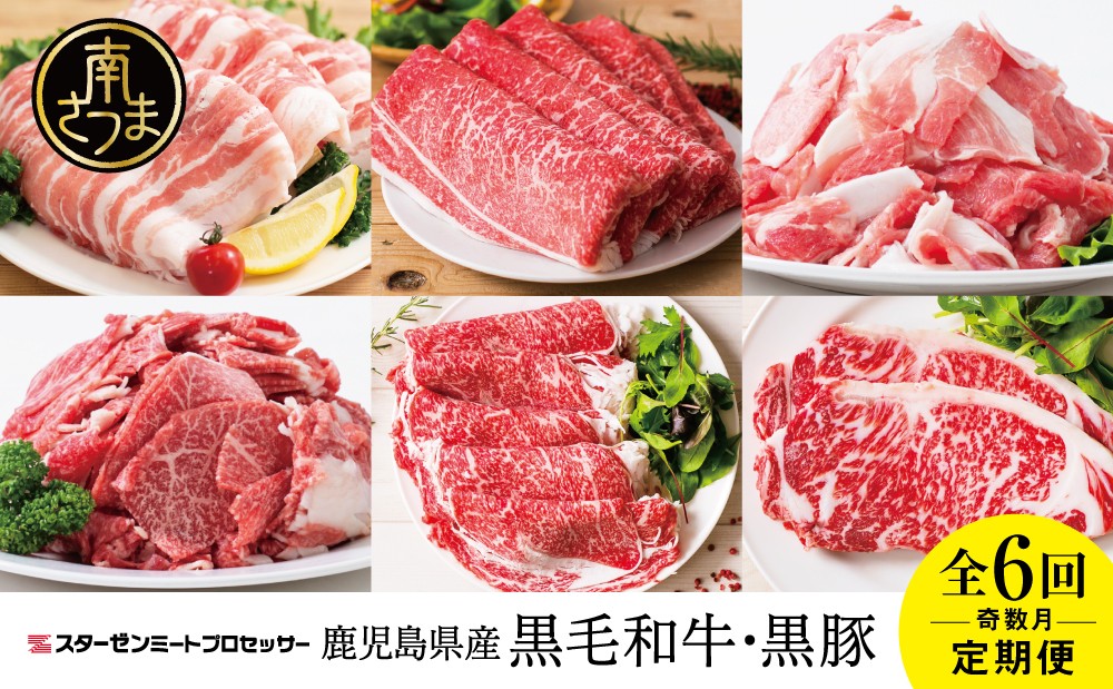 
【スターゼン厳選定期便】鹿児島県産 黒毛和牛・黒豚定期便 （全6回） サーロイン ステーキ 切り落とし しゃぶしゃぶ 焼肉 すき焼き ローススライス 定期便 冷凍 スターゼン 南さつま市

