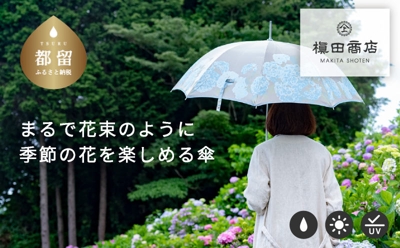 【槙田商店】晴雨兼用長傘　絵おり　紫陽花　ブルー｜  日傘 UV プレゼント 化粧箱 ギフト 老舗