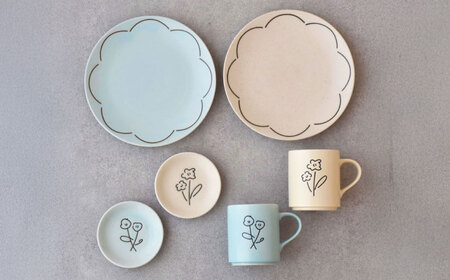 【美濃焼】miBRAND TRICK FLOWER 食器６点セット（ホワイト/ブルー）色が選べる【見谷陶器】ペアセット 豆皿 中皿 マグカップ[MCG065]