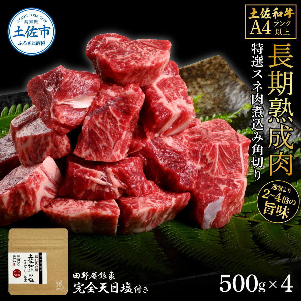 【ふるさと納税】土佐和牛 特選スネ肉煮込み角切り500g×4 田野屋銀象完全天日塩4P付き 2kg 2キロ 長期熟成肉 田野屋銀象 完全天日塩付き スネ肉 煮込み 角切り 肉 お肉 和牛 牛肉 国産 牛 熟成肉 豪華 贅沢 真空パック 冷凍配送 新鮮 美味しい 故郷納税 高知県 土佐市