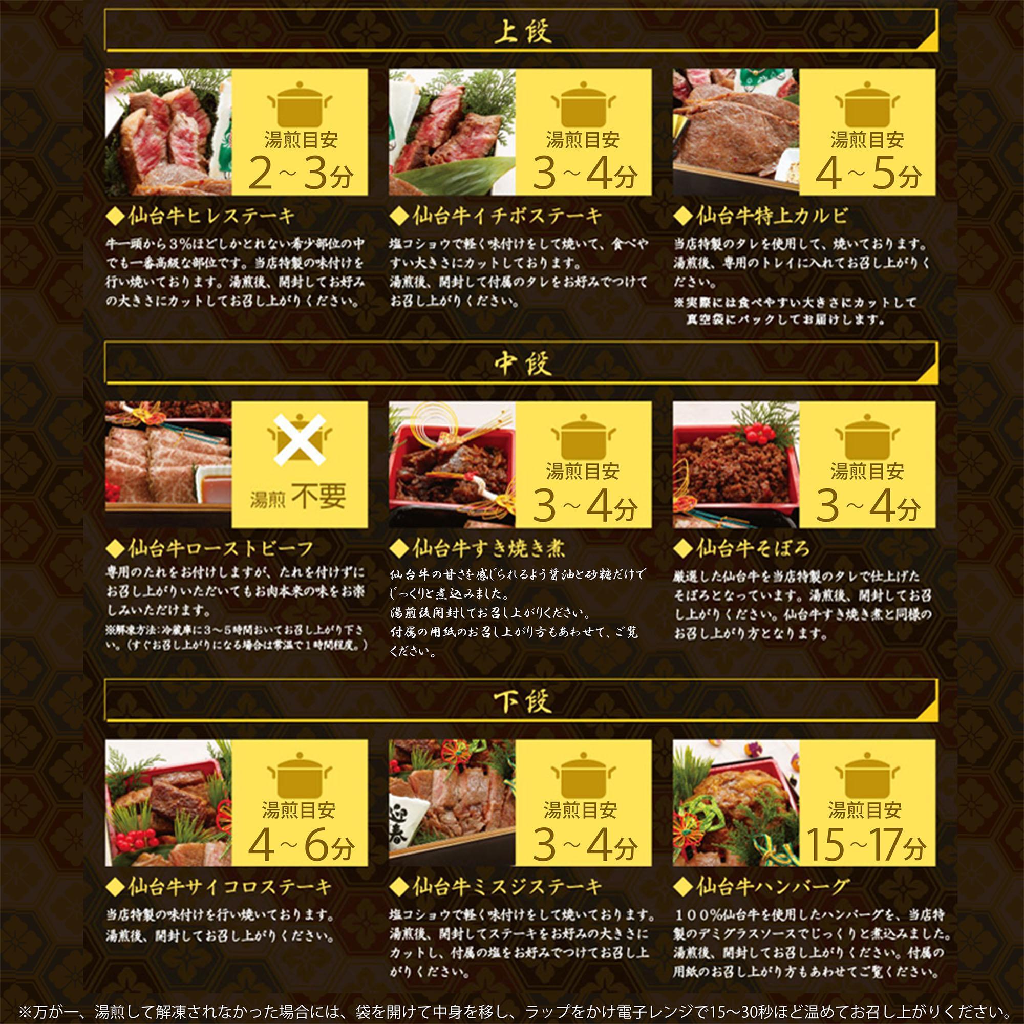 最高級A5ランク 仙台牛 お肉のおせち 3段重（5～7人前）【食品 惣菜 おせち料理 御節 お取り寄せグルメ 加工食品 人気 おすすめ 送料無料 年内発送 2024 期間限定】