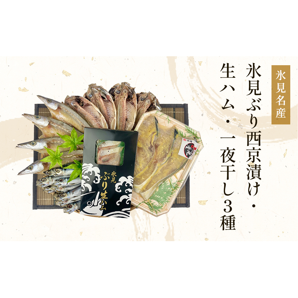 〈日本海氷見の幸５種〉 氷見ぶり「西京漬け」「生ハム」・一夜干し「氷見産３種」氷見のお魚５種味わいセット！ 魚貝類 加工食品 魚介類 干物 西京漬け 鰤ハム 一夜干し イワシ カマス アジ 富山湾 氷