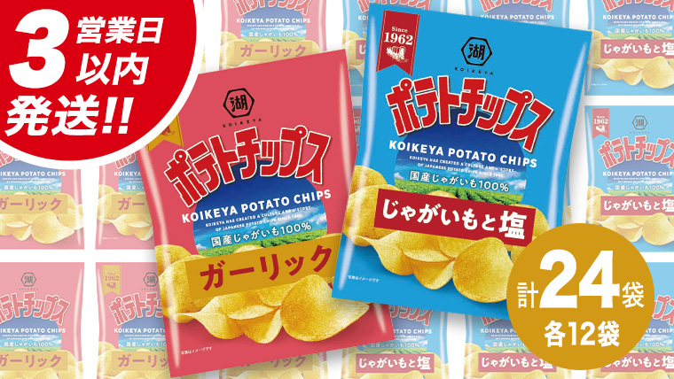 【最短3営業日！スピード発送】 湖池屋 ポテトチップス 2種類アソート （じゃがいもと塩・ガーリック）（各12袋・計24袋） ポテチ お菓子 おかし 大量 スナック おつまみ ジャガイモ じゃがいも まとめ買い スナック菓子 数量限定