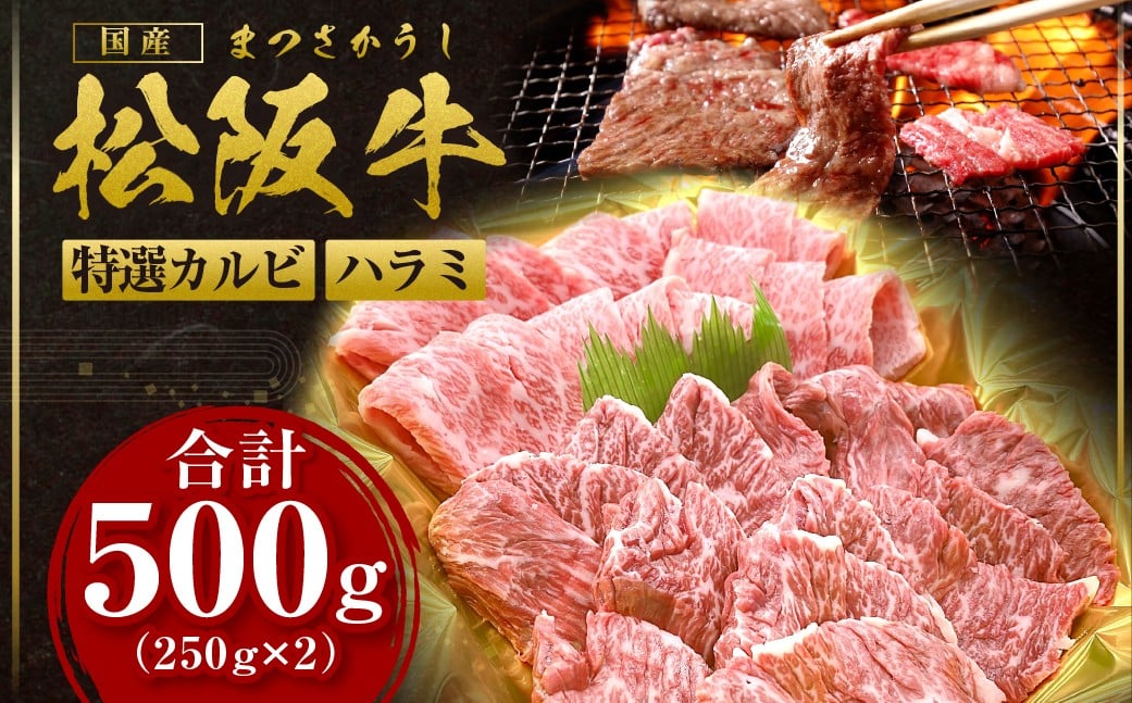 
            松阪牛 焼肉 スペシャル 特選カルビ ハラミ 500g(250g×2) 国産牛 和牛 ブランド牛 JGAP家畜・畜産物 農場HACCP認証農場 牛肉 肉 高級 人気 おすすめ 神戸牛 近江牛 に並ぶ 日本三大和牛 松阪 松坂牛 松坂 焼肉物語 セット 詰め合わせ BBQ キャンプ 真空パック 味噌だれ 三重県 多気町 SS-49
          