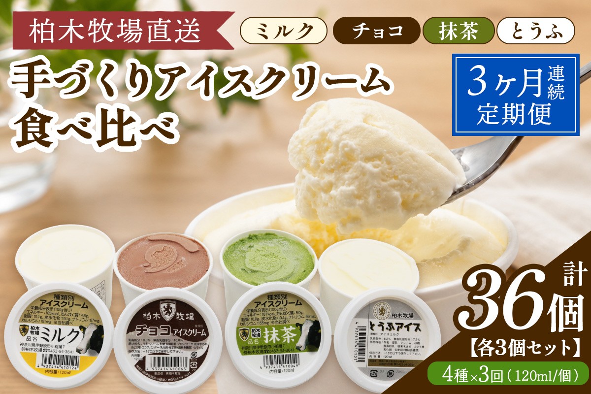 
                  [定期便／3ヶ月連続] 柏木牧場 手づくりアイスクリーム食べ比べ 計36個 (4種 各3個セット×3回・120ml／個)｜伊勢原 贅沢素材 スイーツ ギフト 詰め合わせ 贈り物 プレゼント 人気 お取り寄せ [1254]
                