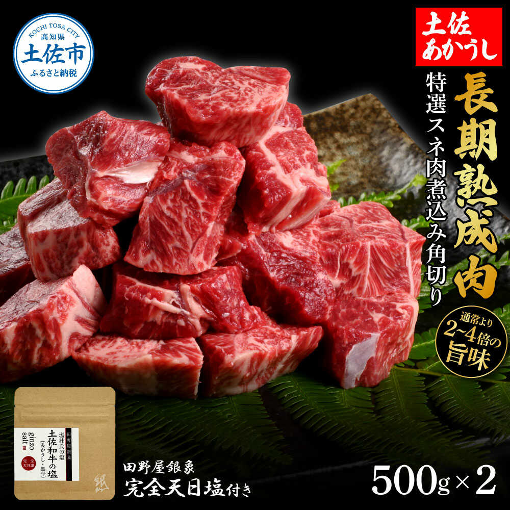 【ふるさと納税】土佐あかうし 特選スネ肉煮込み角切り 500g×2（田野屋銀象完全天日塩2P付き） すね スネ 煮込み 角切り 高知 土佐赤牛 牛肉 贅沢 お取り寄せ 肉 国産 高知県土佐市/株式会社LATERAL[BQAU016]