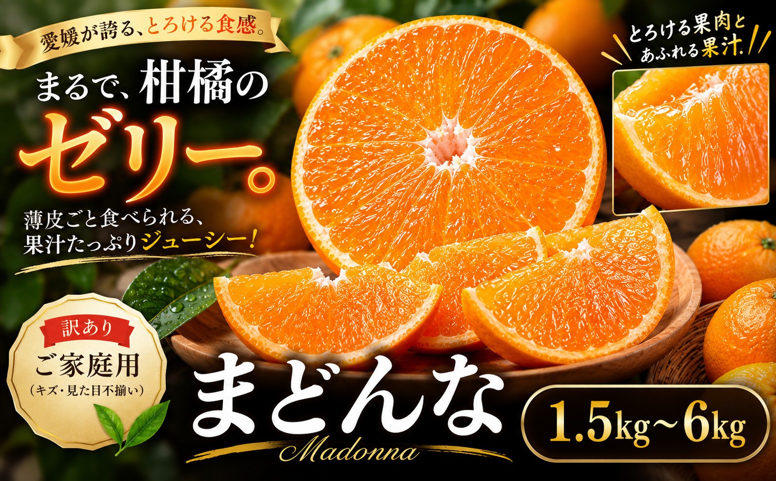 
                  ＜濃蜜果肉 愛媛県産媛まどんな 合計約1.5／3／4.5／6kg＞『2026年11月中旬～1月中旬迄に順次出荷予定』 選べる 訳あり 濃厚 甘い あまい とろける ミカン 蜜柑 ご家庭用 果汁 果物 くだもの フルーツ オレンジ 柑橘 特産品 極尽道 愛媛県 西予市 【常温】
                