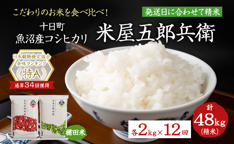 
            ＜新米発送＞【定期便/全12回】十日町産魚沼コシヒカリ 米屋五郎兵衛 精米2kg・米屋五郎兵衛 棚田米 精米2kgセット
          