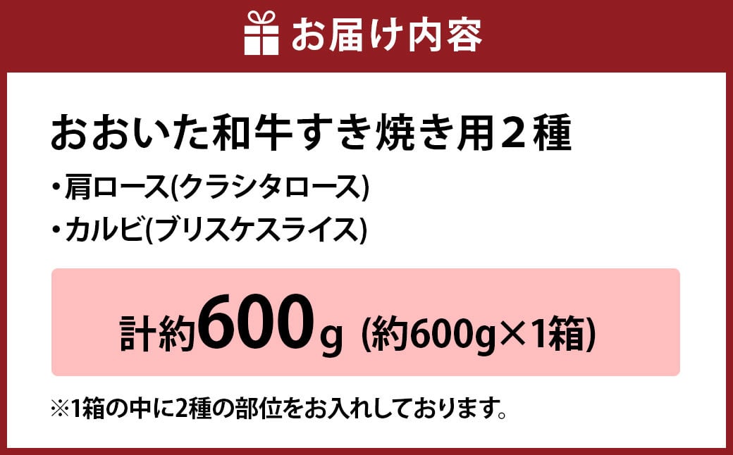 【2ヶ月定期便】おおいた和牛すき焼き用 2種 約600g（クラシタロース・ブリスケスライス）×2回 計約1.2kg