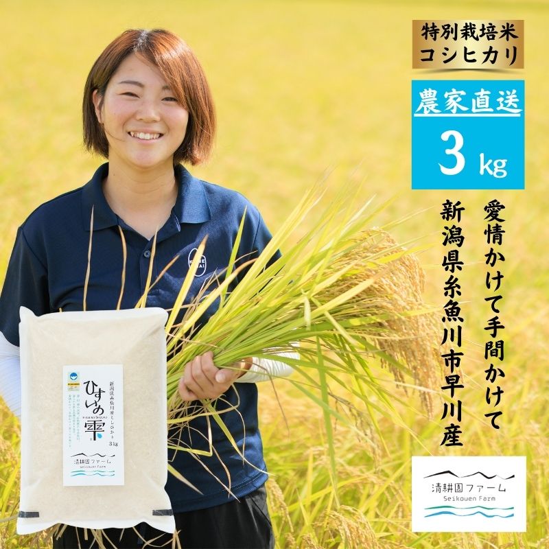 【ふるさと納税】新潟県産 コシヒカリ 『ひすいの雫』 特別栽培米 3kg ×1袋 農家直送 清流早川が育てた うまい米 令和7年産 糸魚川 清耕園ファーム プロも絶賛おいしいコメ 新潟県産コシヒカリ3kg 美味しい 農家自慢 お米 白米 おにぎり お弁当