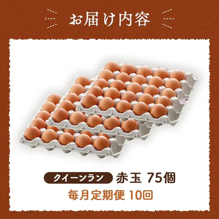 【毎月定期便】黄身がつかめる新鮮地たまご クイーンラン 赤玉 75個入り全10回 No.595