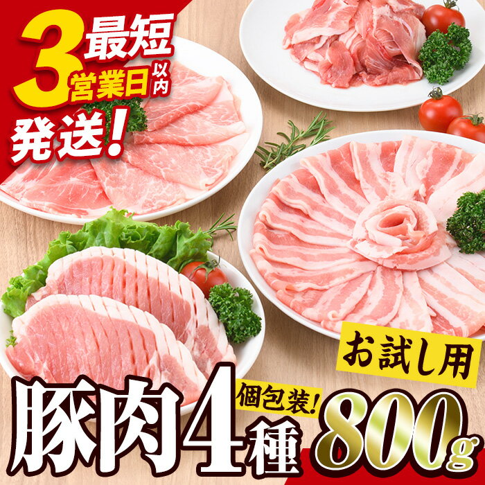 【ふるさと納税】 ＜お試し用＞ 豚肉 4種 セット (合計800g) 豚 小分け 豚バラ こま切れ スライス バラ ロース 個包装 詰め合わせ 詰合せ 食べ比べ とんかつ しゃぶしゃぶ しょうが焼き ポークソテー 3営業日以内発送 選べる発送時期 セレクション 【BD211】【西日本畜産】