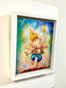 【青木芳恵】笑顔を届ける絵『おどるガネーシャ』ぐーちょきぱーであそぼ！（キャンバス印刷＋BOX額＋UVカット） 額_OS146-0011