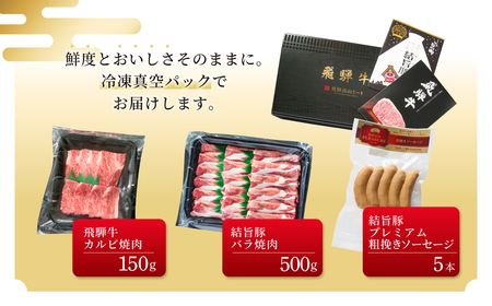 飛騨牛 結旨豚 焼肉 食べ比べ セット 計800g 飛騨牛 カルビ焼肉 150g 結旨豚 バラ焼肉 500g ソーセージ 150g 冷凍真空パック | 肉 お肉 黒毛和牛 和牛 人気 おすすめ 牛肉 