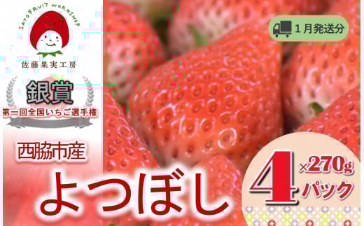 《2026年産先行予約》「西脇市産 佐藤果実工房のよつぼし」（約270g×４パック 約1,080g）【佐藤果実工房 全国いちご選手権銀賞受賞農園 TVで紹介!】令和８年１月中旬配送分（12-42）