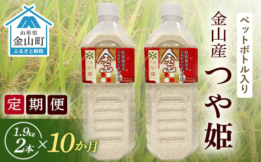 《令和6年産米 定期便》金山町産「つや姫【精米】」1.9kg(ペットボトル入り)×2本セット×10ヶ月 計38kg 米 お米 白米 ご飯 精米 ブランド米 つや姫 送料無料 東北 山形 金山町 F4B-0489