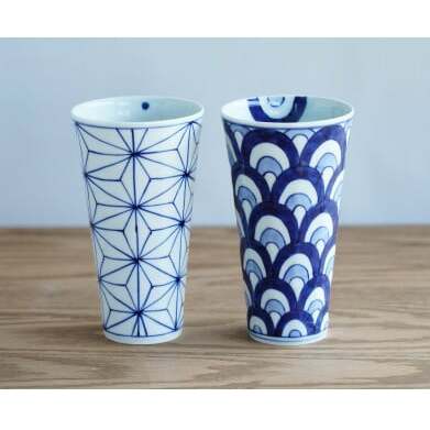 有田焼 面取タンブラー ペアセット 麻の葉＆二色青海波【そうた窯】食器 器 うつわ タンブラー 面取タンブラー 細身タンブラー カップ タンブラー2個 ビアカップ 染付 手描き タンブラー ギフトセッ