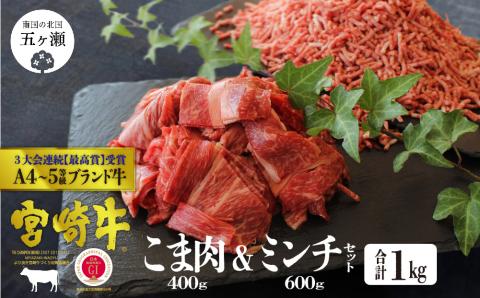 宮崎牛こま肉＆ミンチセット<合計1㎏>(こま肉400・ミンチ600）