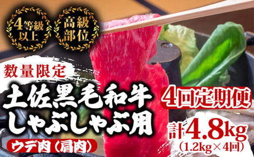 【定期便4回】土佐黒毛和牛ウデ肉しゃぶしゃぶ用 計4.8kg（1.2kg×4ヶ月連続お届け) 3Dコース | 特撰 ウデ肉 肩肉 最上位等級 A4 A5 最高ランク 贅沢 しゃぶしゃぶ　鍋 スライス 焼肉用 小分け 冷凍 国産 牛肉 高知県 須崎 TM58000