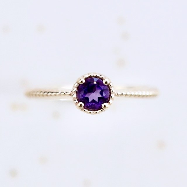 【ジュエリー】K10 イエローゴールド アメシスト 一粒石 シンプル リング 指輪 保証書付　NR-1838