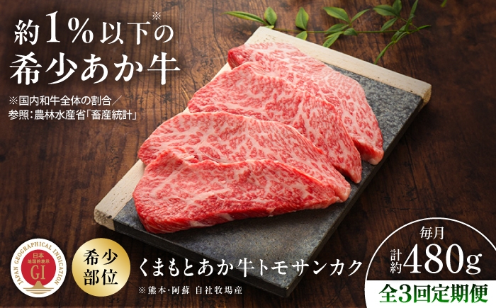 
                  【全3回定期便】【GI認証】くまもとあか牛トモサンカク 約120g×4枚 / あか牛 あかうし 熊本 くまもと 菊陽  菊陽町  ステーキ すてーき 希少 BBQ バーベキュー キャンプ アウトドア お取り寄せ お手軽 焼肉 霜降りおすすめ 人気 贅沢  赤牛 あかうし 赤身 国産 ご褒美 ギフト 贈答品 贈り物 ステーキ肉 トモサンカク おすすめ お祝い 【有限会社 三協畜産】[BHAS078]
                