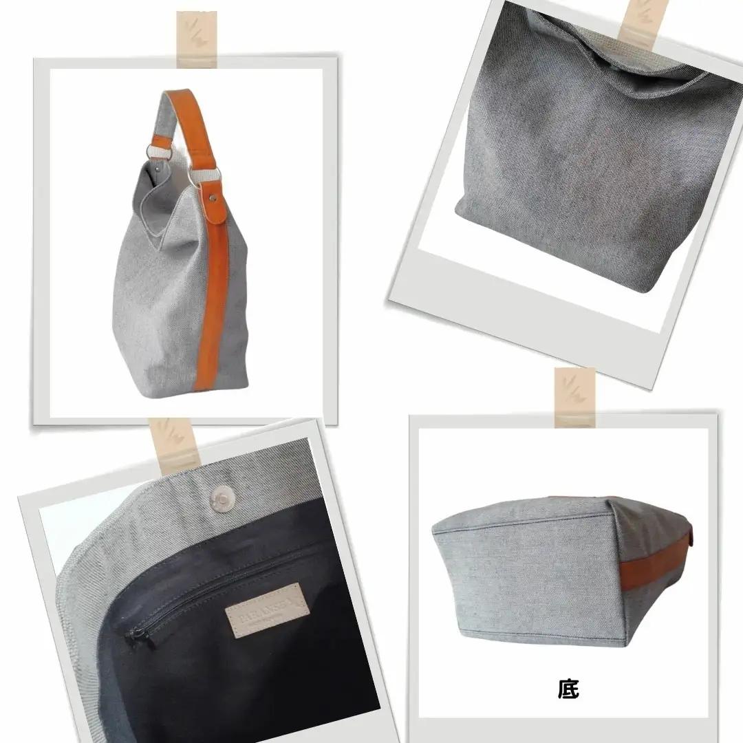 デニム(グレー)×キャメル革ワンショルダーバッグ　073N-005-GRAY