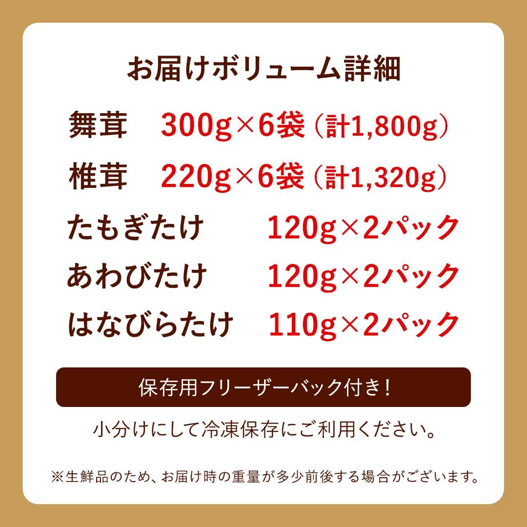 きのこ 5種 詰め合わせ 約3.8kg 【 保存用フリーザーバック 20枚付き 】 大容量 キノコ 舞茸 あわび茸 たもぎ茸 しいたけ 花びら茸 セット 鍋 炒め物 （AU005）