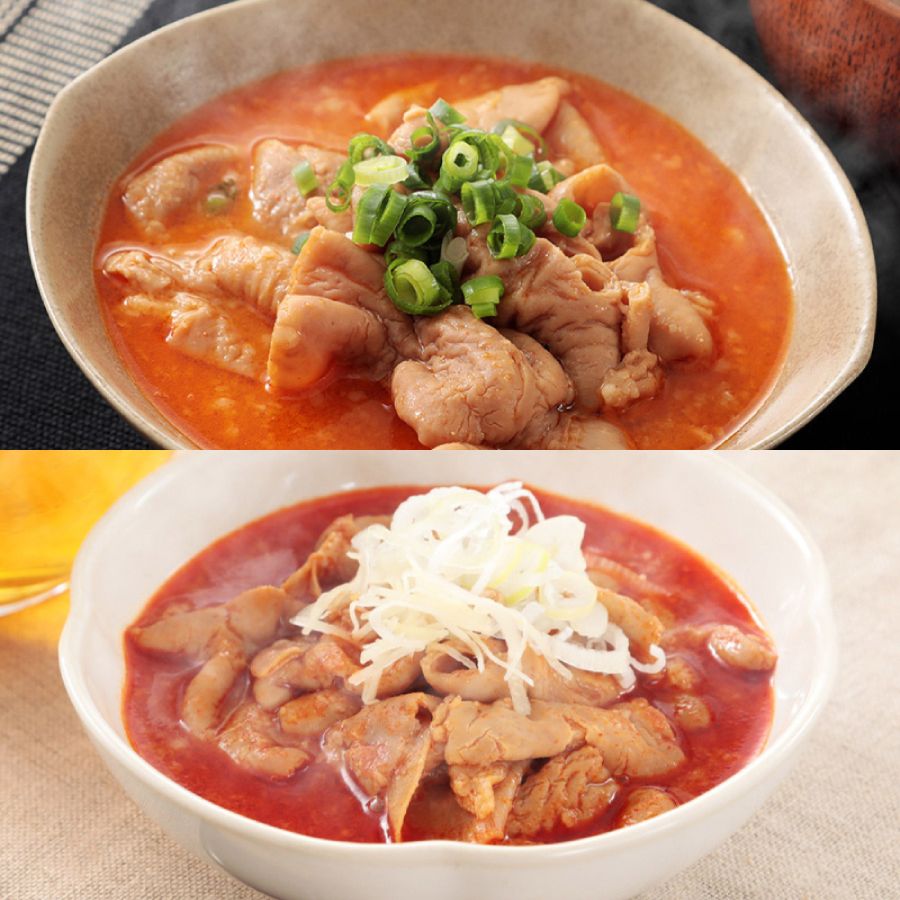 とろけるほどに柔らかいプリプリのもつ煮＆辛口もつ煮【国産豚使用】【もつ煮500ｇ×５】【辛口もつ煮500g×５】
