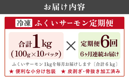 【6ヶ月連続お届け】ふくいサーモン 1kg 真空冷凍 100g× 10パック × 6回【サーモン 鮭 刺身 さけ サケ さかな 魚 人気 海鮮 海鮮食品 小分け お刺身用 生食用 生食可 低脂肪 低カ
