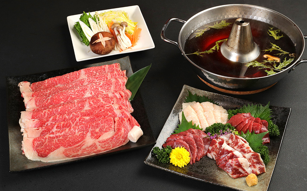  【3ヶ月定期便】あか牛 すきやき・しゃぶしゃぶ用 サーロイン肉 & 馬刺し（赤身・霜降り・たてがみ）