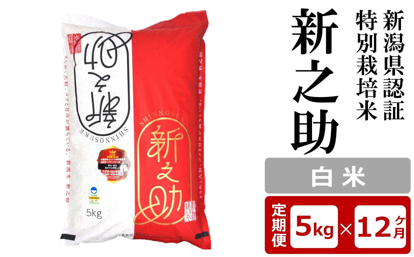 
            【12ヶ月定期便】新潟県認証特別栽培米 新之助 白米 5kg×12回（計 60kg）アグリーホンマ[Y0374]
          