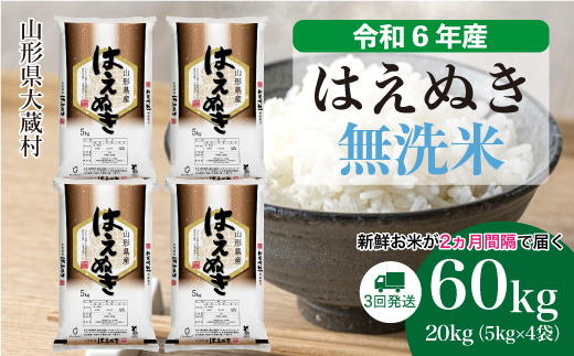 ＜令和6年産米＞ 令和6年12月中旬より配送開始 はえぬき【無洗米】60kg定期便(20kg×3回)　大蔵村