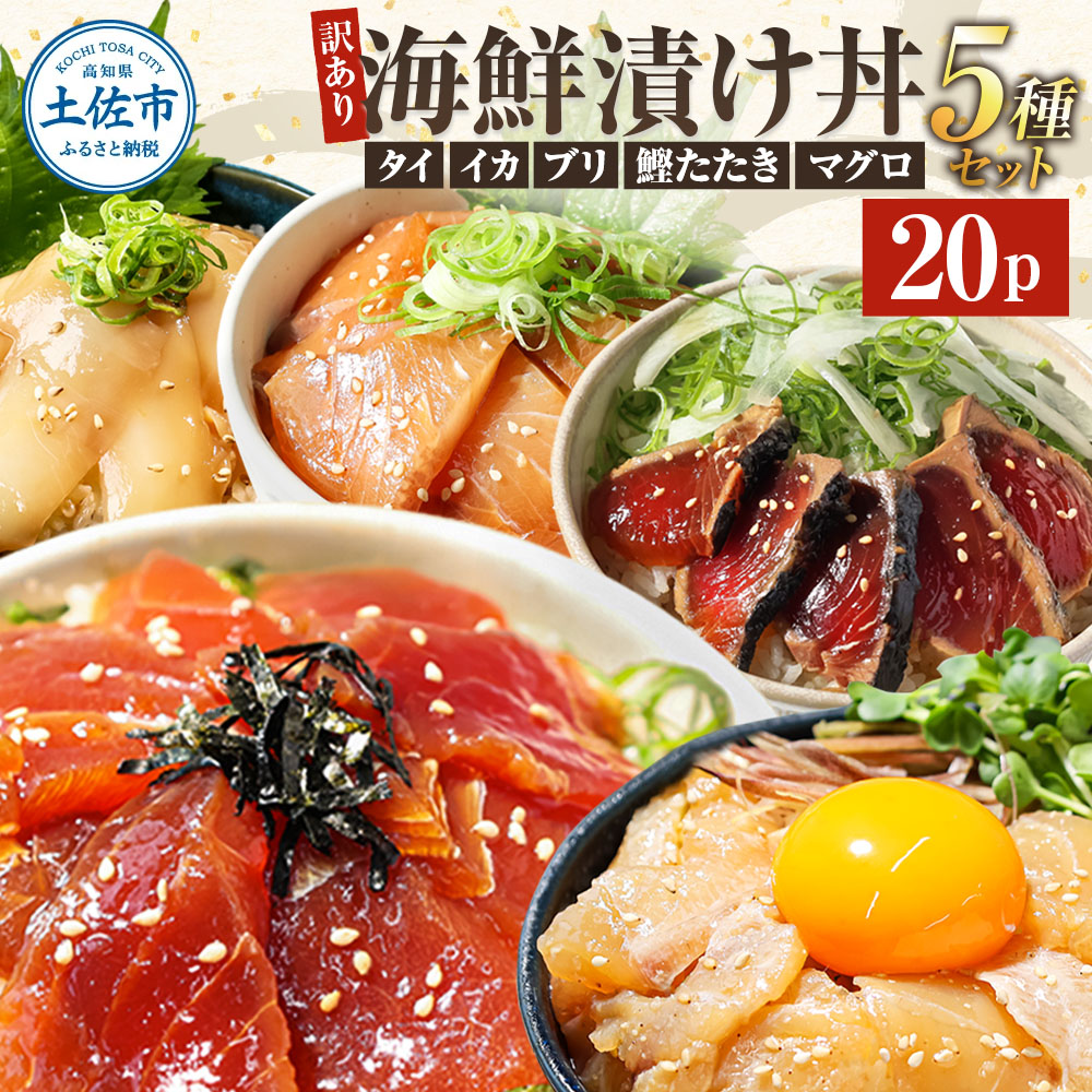 訳あり 海鮮漬け丼 （5種×各4P） セット マグロ 鯛 イカ ブリ 鰹のたたき 漬け丼 海鮮丼 漬け づけ丼 食べくらべ 漬け丼の素 海鮮丼の具 海鮮セット まぐろ いか ぶり 鯛 かつおのたたき 鰹タタキ 訳アリ 不揃い 規格外 わけあり 食べ比べ 海鮮 魚介類 水産加工品 冷凍 食品 保存食 鯛茶漬け 小分け 一人暮らし 簡単 高知 惣菜 22000円