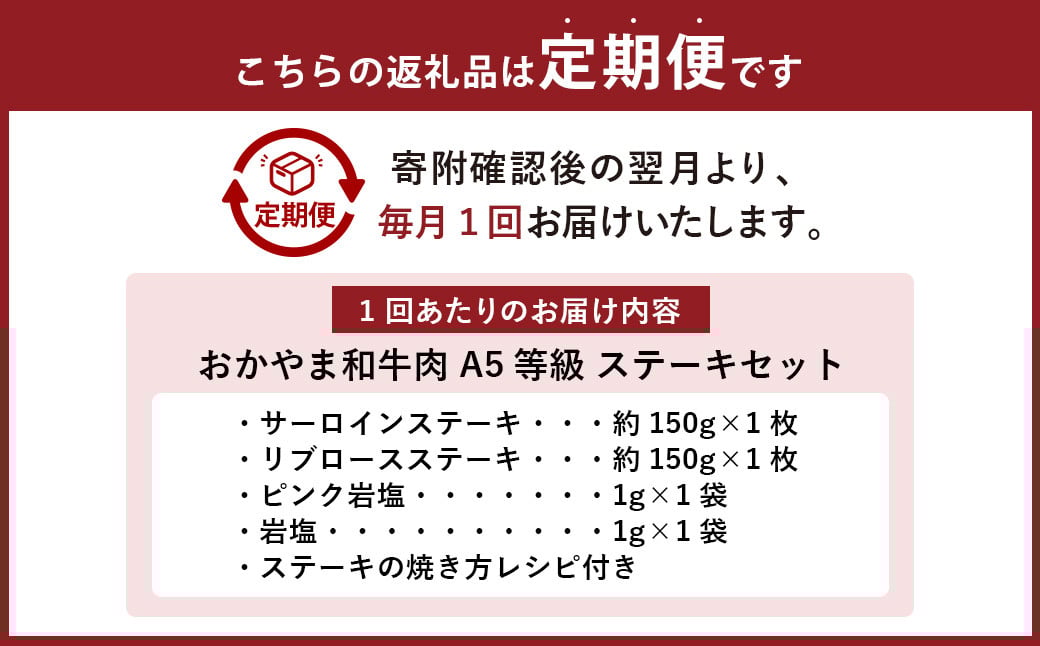 【3ヶ月定期便】おかやま和牛肉 A5 等級 ステーキセット 約300g（サーロイン約150g&リブロース約150g）×3回
