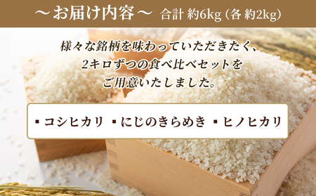 ＜令和7年産 お米 食べ比べ 3種セット 合計約6kg（各2kg）＞ 米 コメ こめ 白米 精米 コシヒカリ にじのきらめき ヒノヒカリ 穀物 特産品 宇都宮米穀 愛媛県 西予市【常温】『最短10営業