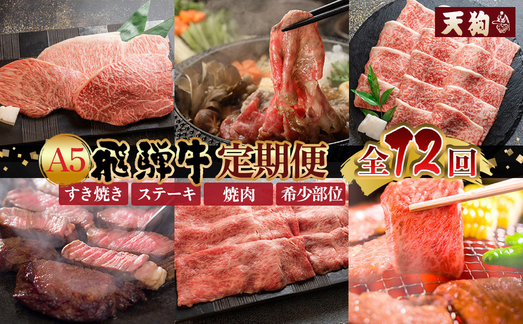 
                  【定期便 12回】 A5 飛騨牛 天狗 牛肉 (ステーキ / 焼き肉 / すき焼き /希少部位 赤身 / 霜降り) 1年間 お楽しみ サーロイン カルビ イチボ ランプ もも 肩ロース肉 希少部位 12カ月 肉ギフト 国産 焼肉 すきやき しゃぶしゃぶ
                
